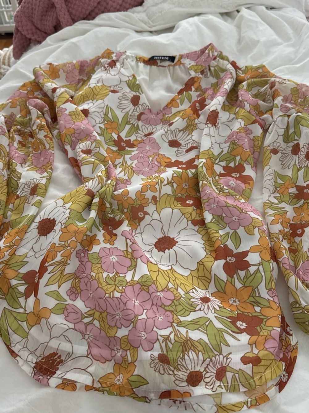 Floral V-Neck Long Sleeve Blouse - Pink/Orange/White